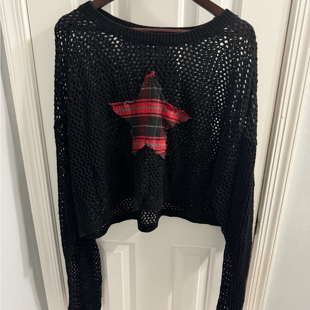 Hot Topic Black Fishnet Sweater with Plaid Star